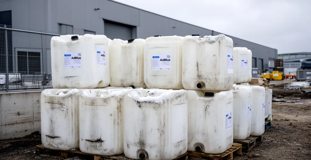 Bidons AdBlue stockés en extérieur exposés aux intempéries près d'un bâtiment industriel
