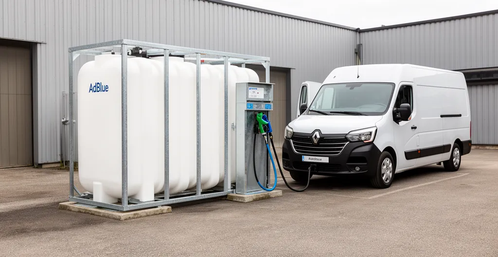 Cuve AdBlue conteneurisée avec système de pompage installée dans un site industriel