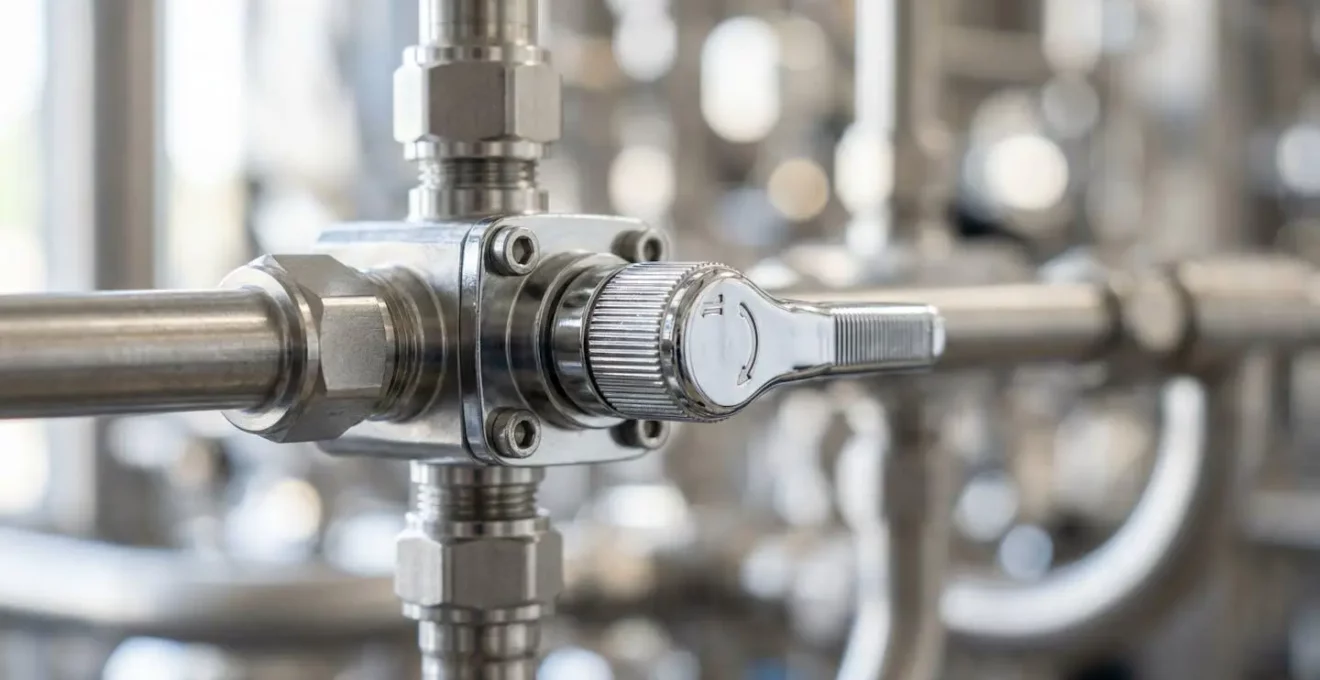 Gros plan sur une vanne chromée de distribution carburant avec tuyauterie industrielle nette sur fond flouté