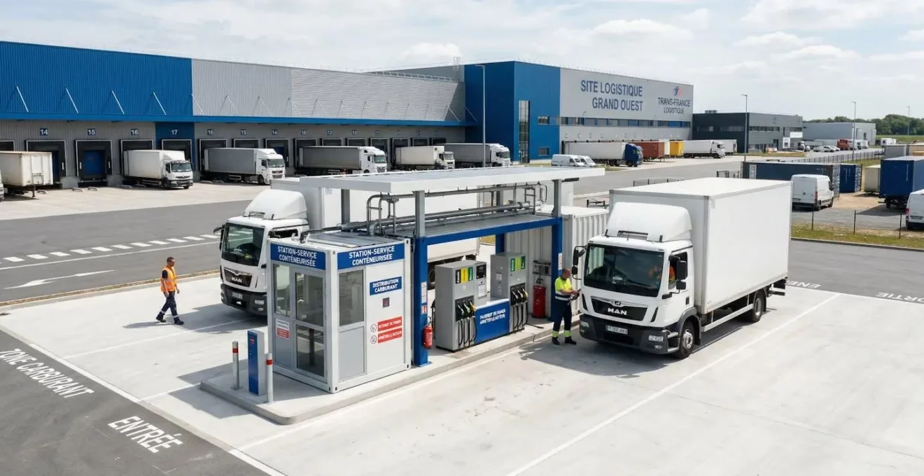 Station-service conteneurisée installée sur plateforme béton dans un site logistique français moderne sous un ciel lumineux
