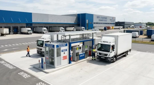Station-service conteneurisée installée sur plateforme béton dans un site logistique français moderne sous un ciel lumineux